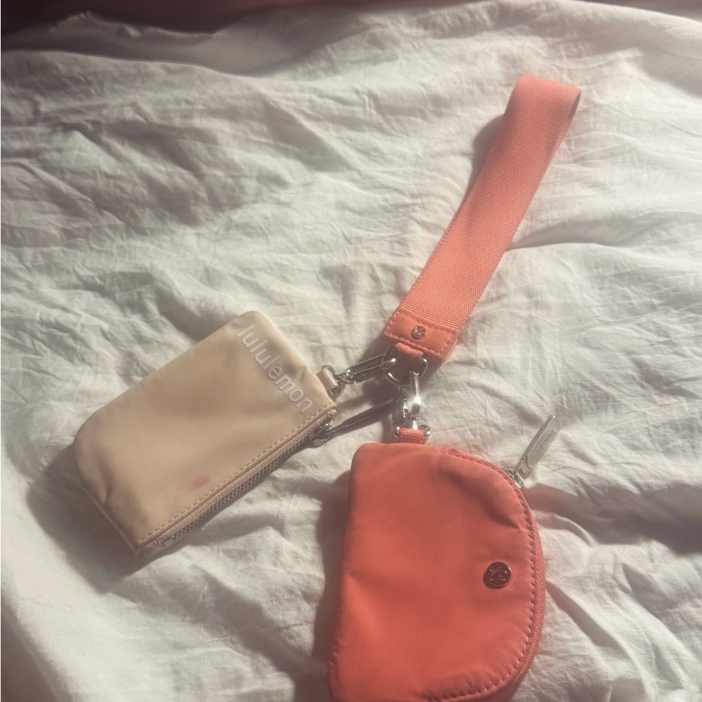 lululemon pink and beige dual pouch wristlet originally: $48